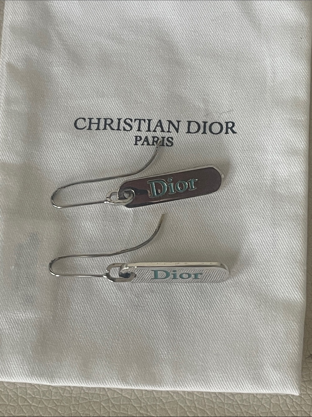 Dior Silver Earrings with Teal Logo Plaques